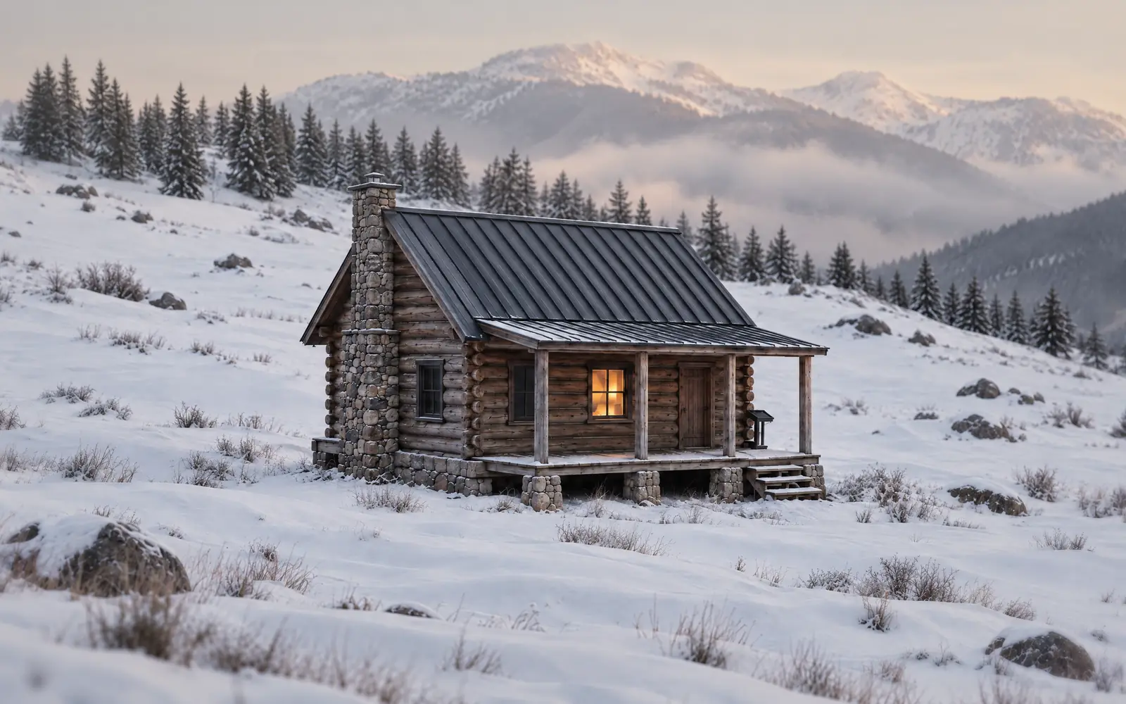 A log cabin at dusk in a mountain valley, with one window lit.
